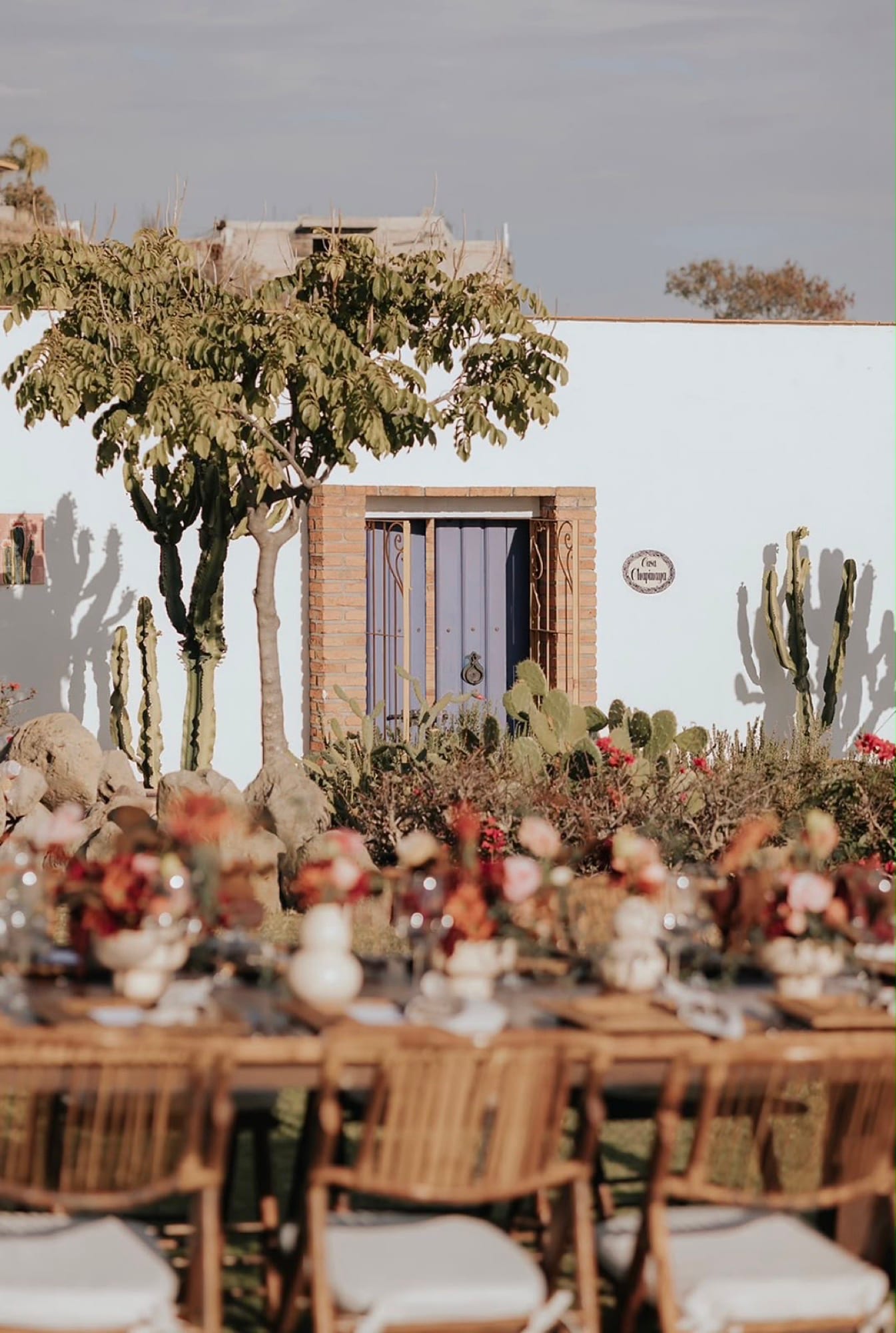 Mesa de banquete frente a una casa blanca rodeada de cactus